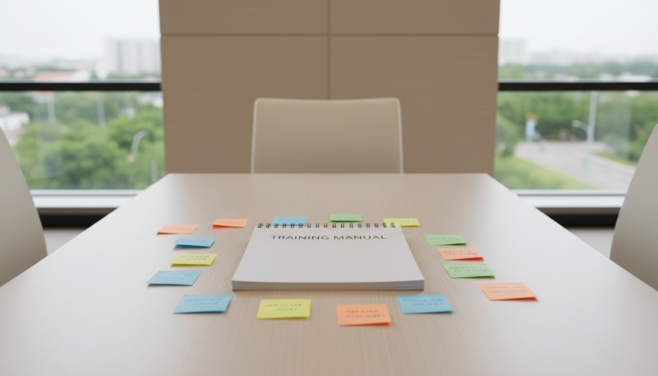 A pristine, white, spiral-bound training manual with a smooth matte finish is displayed atop a sleek, woodgrain conference table with clean lines. Around the manual, several color-coded sticky notes are neatly arranged, suggesting organized learning. The setting is a bright, glass-walled meeting room with a neutral, beige wall in the background. Natural, diffused daylight fills the space, softly brightening the scene and creating gentle, professional shadows. The image has a balanced composition centered on the manual, shot from a slightly elevated perspective with crisp clarity. The mood is calm, structured, and highly professional, embodying the photographic, corporate aesthetic fitting for educational mental health content.