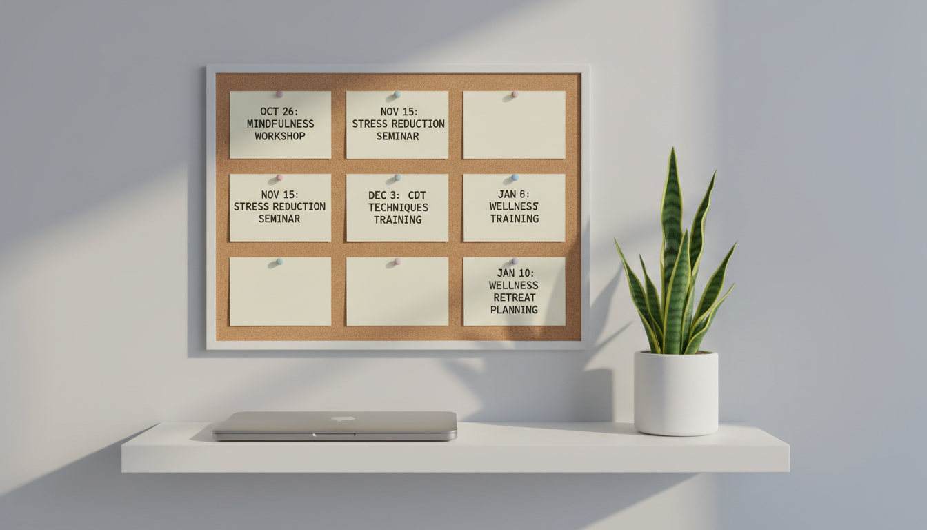 A minimalistic cork bulletin board, mounted on a pristine, cool-gray wall, holds neatly arranged index cards displaying upcoming event dates and brief, typewritten notes. Each card is pinned with color-coordinated pushpins in subdued pastel tones. Below the board is an uncluttered white shelf with a closed silver laptop and a small, stylish planter containing a healthy green sansevieria. Soft, indirect morning light filters in from the left, casting faint, composed shadows and highlighting the tactile textures of the cork and cards. The composition employs the rule of thirds and a shallow depth of field for a modern, photographic look, capturing a calm and organized office atmosphere suitable for a mental health training events page.